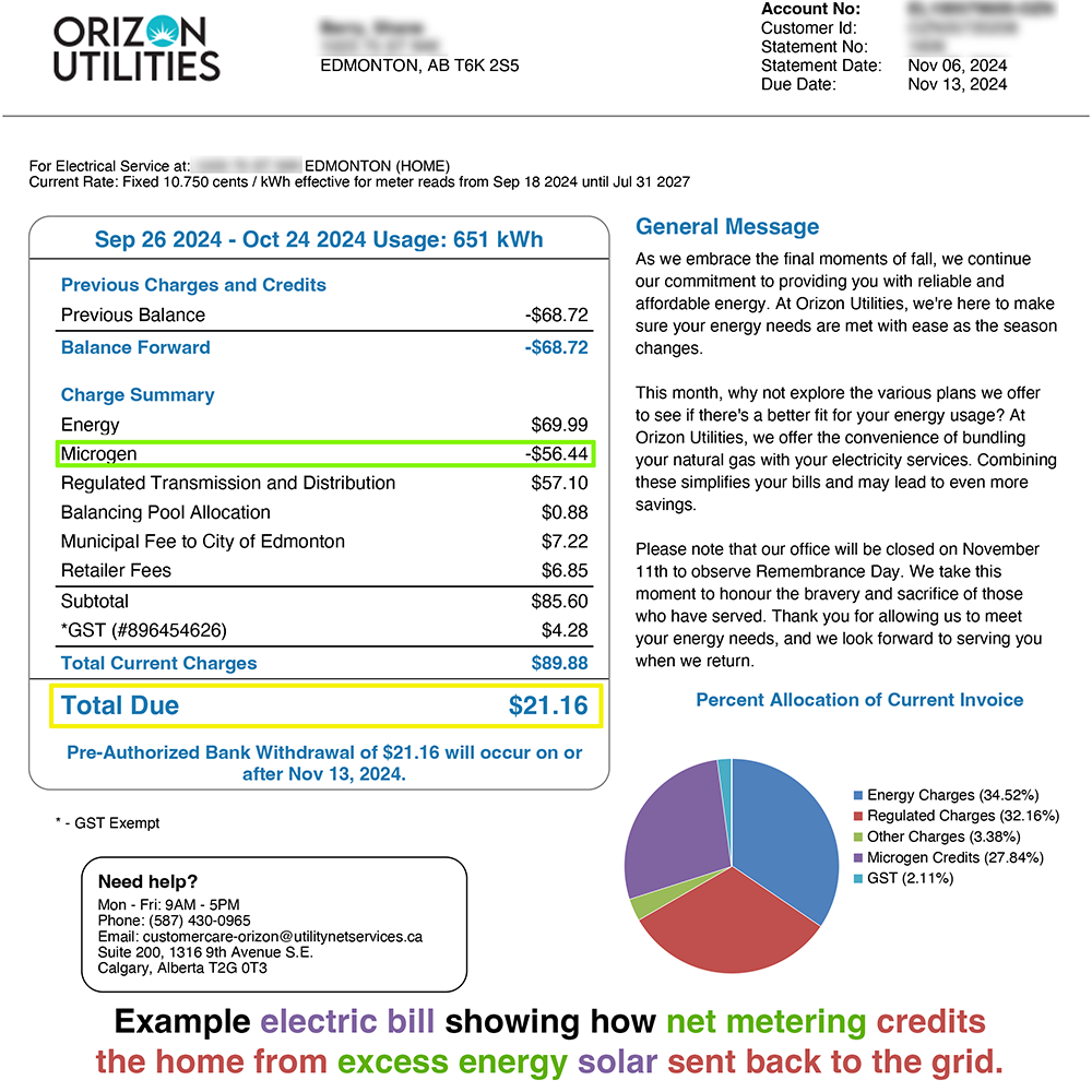 Home with solar net billing low electricity bill Alberta
